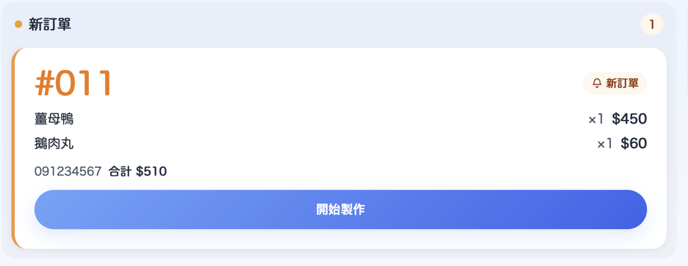 商家接單畫面：新訂單 #011，薑母鴨 ×1、鵝肉丸 ×1，合計 NT$510，可按開始製作